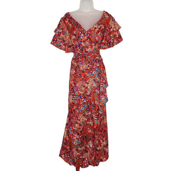 Tanya Taylor Clementine Silk Wrap Maxi Dress 10 Leopard Flutter Sleeve Flamenco - Picture 1 of 16